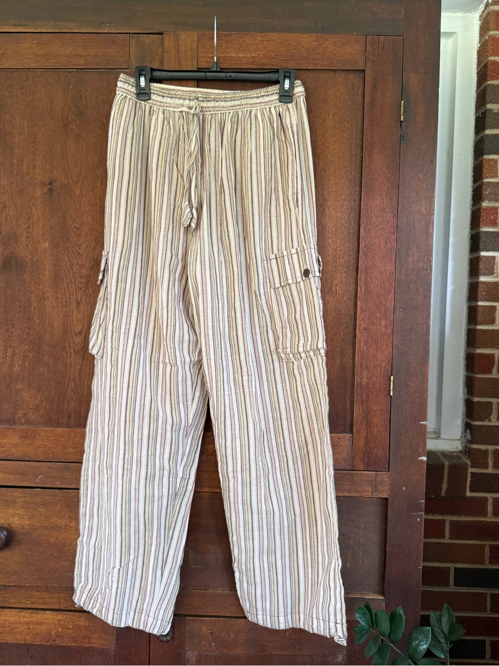 Women’s Lightweight Striped Cargo Pants in Beige.